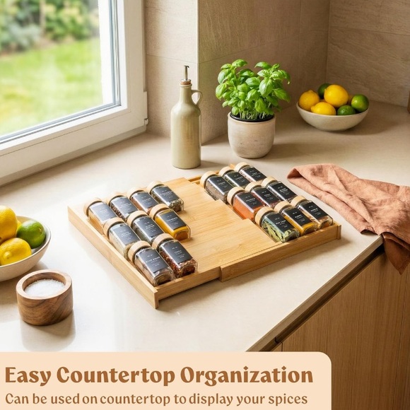 Bamboo Spice Drawer Organizer - Expandable 4 Tier Rack 12" to 24" WideShip Alone - Picture 6 of 8